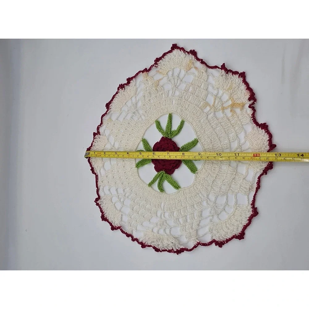 Vintage Handmade Crochet Rose Doily Floral Lace 3D Centerpiece Red White 12.5 N3